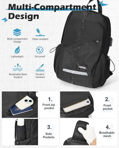 Small Black Sling Backpack Travel Hiking Daypack, Crossbody Sling Bag with USB Charging Port for Men Women 3 Layer Pockets One Shoulder Bag for Outdoor Sports Casual Commuting