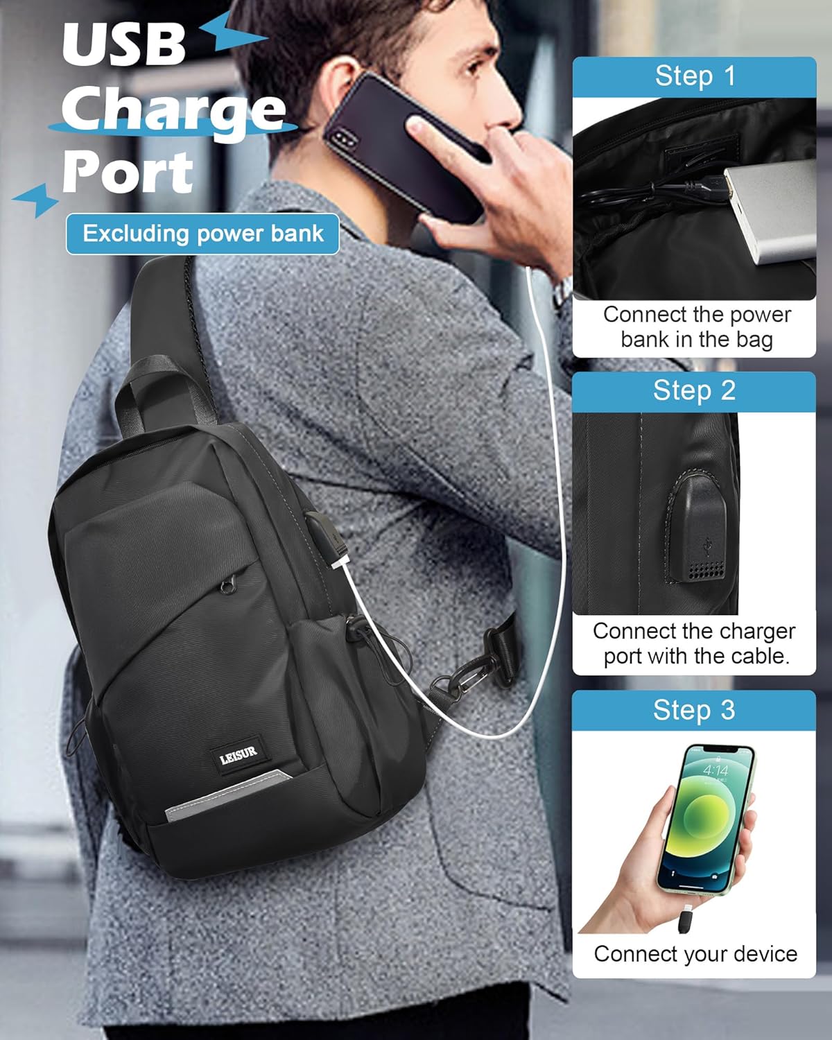 Small Black Sling Backpack Travel Hiking Daypack, Crossbody Sling Bag with USB Charging Port for Men Women 3 Layer Pockets One Shoulder Bag for Outdoor Sports Casual Commuting
