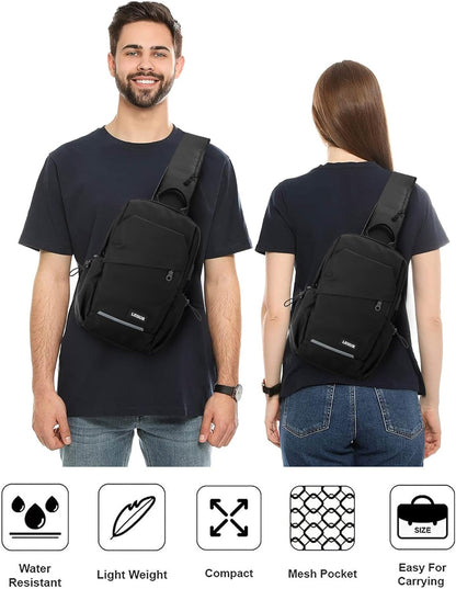Small Black Sling Backpack Travel Hiking Daypack, Crossbody Sling Bag with USB Charging Port for Men Women 3 Layer Pockets One Shoulder Bag for Outdoor Sports Casual Commuting