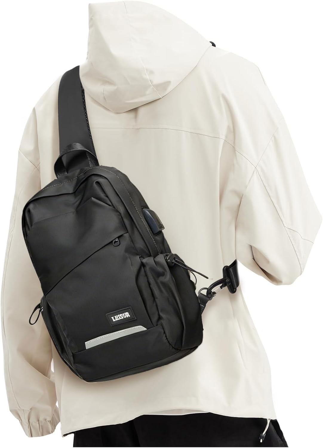 Small Black Sling Backpack Travel Hiking Daypack, Crossbody Sling Bag with USB Charging Port for Men Women 3 Layer Pockets One Shoulder Bag for Outdoor Sports Casual Commuting