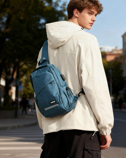 Small Black Sling Backpack Travel Hiking Daypack, Crossbody Sling Bag with USB Charging Port for Men Women 3 Layer Pockets One Shoulder Bag for Outdoor Sports Casual Commuting