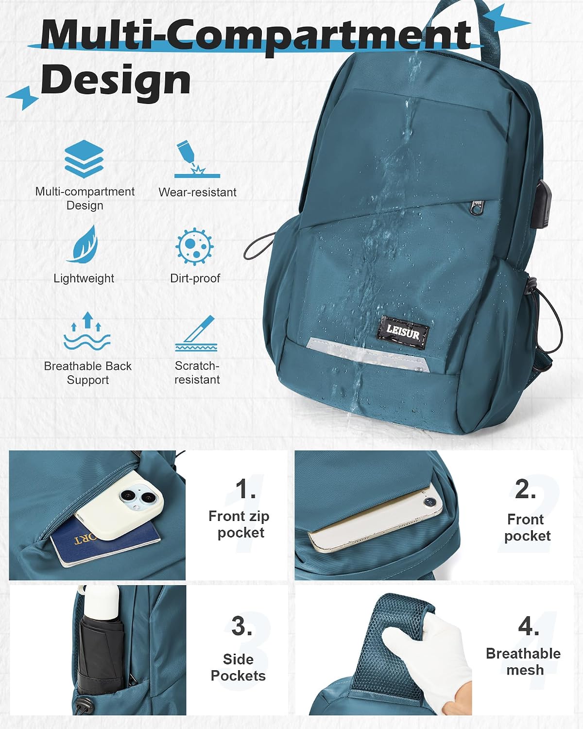 Small Black Sling Backpack Travel Hiking Daypack, Crossbody Sling Bag with USB Charging Port for Men Women 3 Layer Pockets One Shoulder Bag for Outdoor Sports Casual Commuting