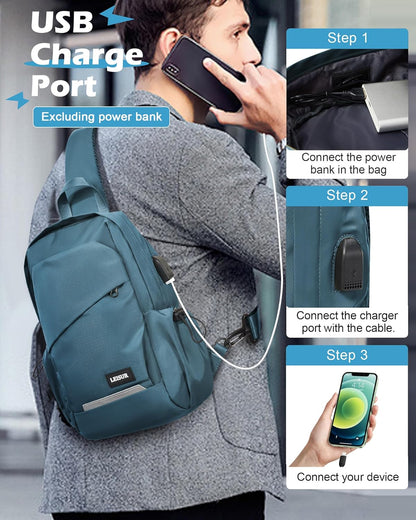 Small Black Sling Backpack Travel Hiking Daypack, Crossbody Sling Bag with USB Charging Port for Men Women 3 Layer Pockets One Shoulder Bag for Outdoor Sports Casual Commuting