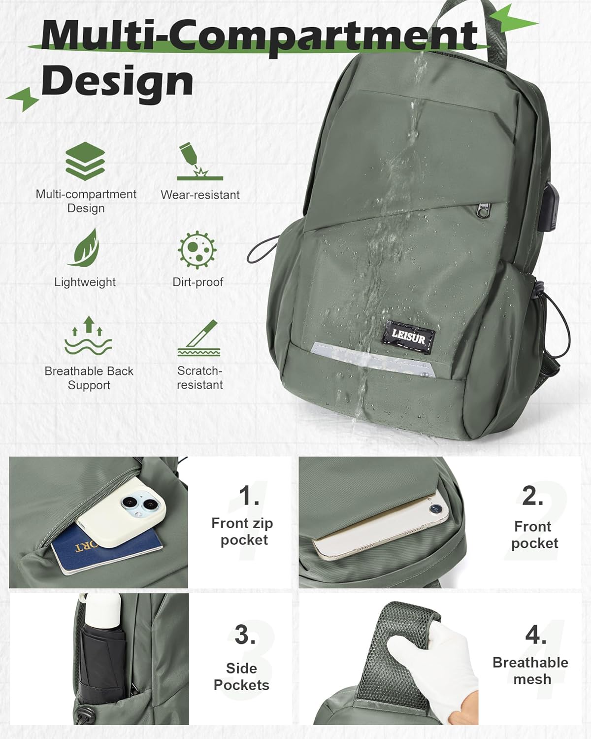 Small Black Sling Backpack Travel Hiking Daypack, Crossbody Sling Bag with USB Charging Port for Men Women 3 Layer Pockets One Shoulder Bag for Outdoor Sports Casual Commuting
