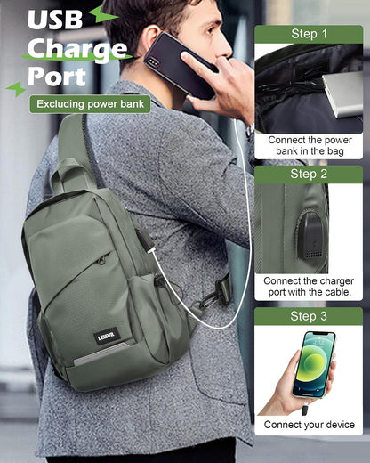 Small Black Sling Backpack Travel Hiking Daypack, Crossbody Sling Bag with USB Charging Port for Men Women 3 Layer Pockets One Shoulder Bag for Outdoor Sports Casual Commuting
