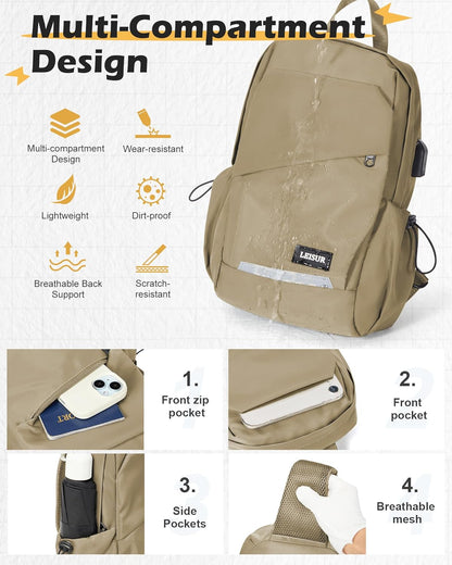 Small Black Sling Backpack Travel Hiking Daypack, Crossbody Sling Bag with USB Charging Port for Men Women 3 Layer Pockets One Shoulder Bag for Outdoor Sports Casual Commuting