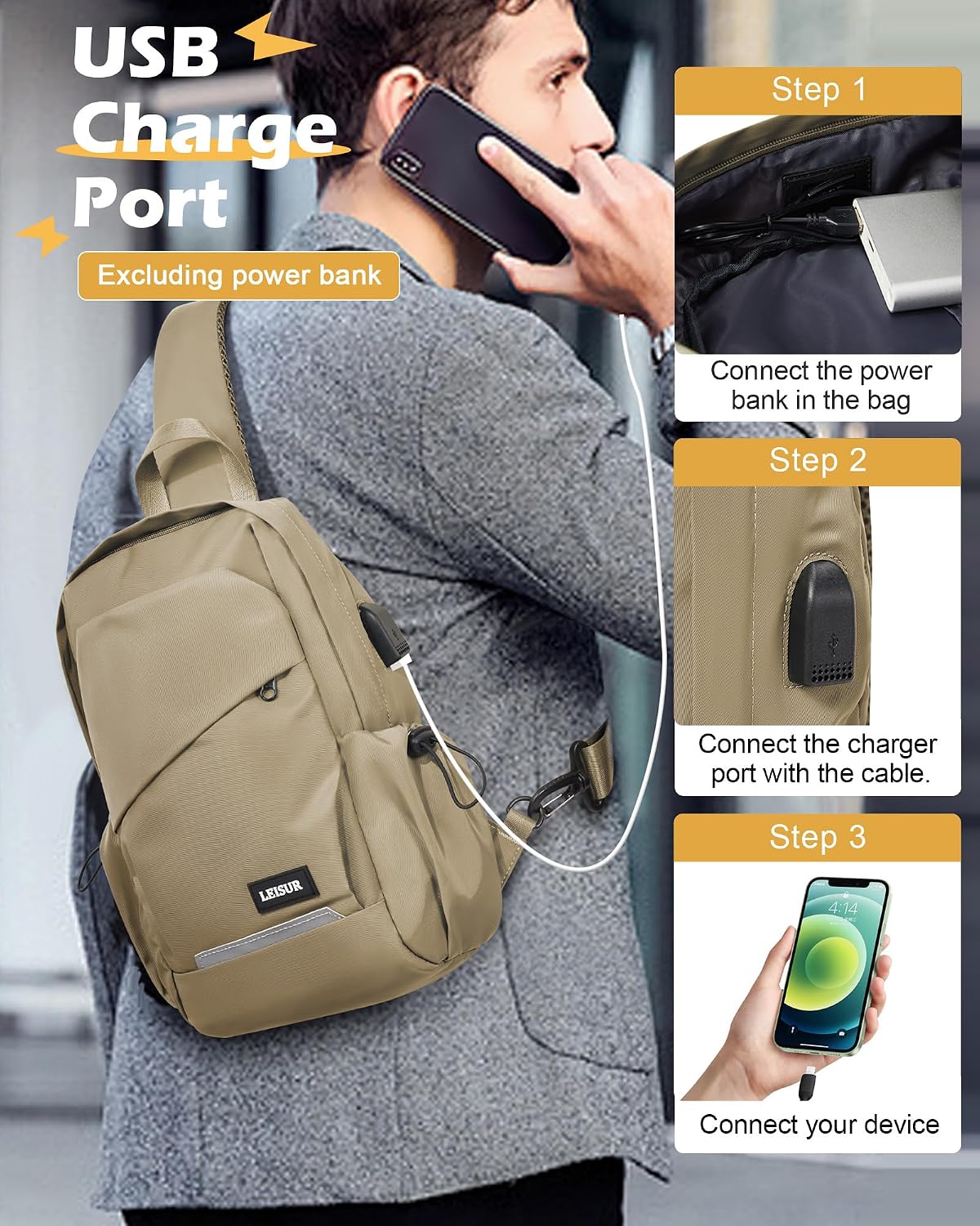 Small Black Sling Backpack Travel Hiking Daypack, Crossbody Sling Bag with USB Charging Port for Men Women 3 Layer Pockets One Shoulder Bag for Outdoor Sports Casual Commuting