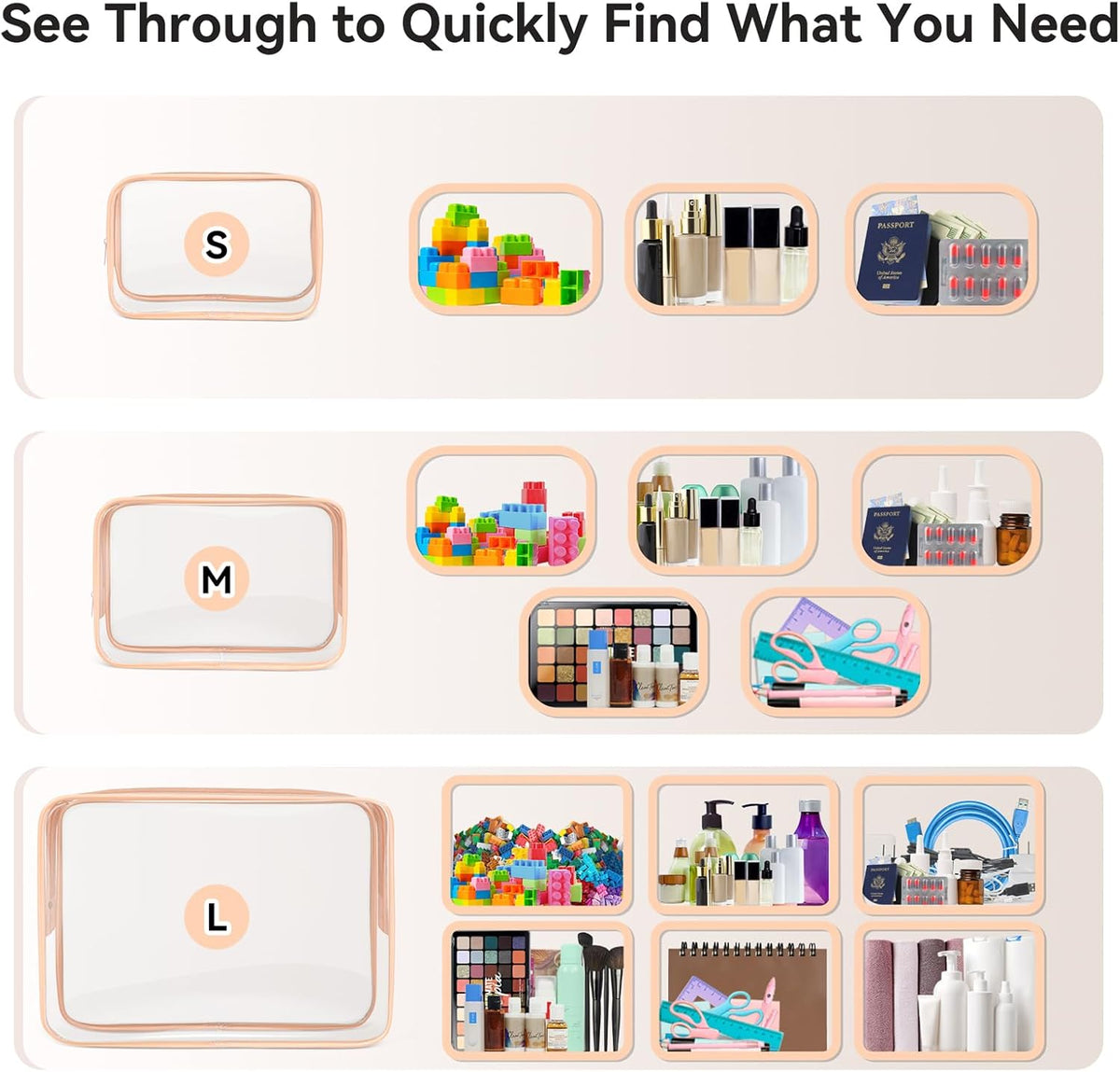 16 PCS Clear Makeup Bag, Travel Essentials Toiletry Bag, Transparent PVC Cosmetic Organizer Toy Storage Pouch for Women Men- WHITE,Medium