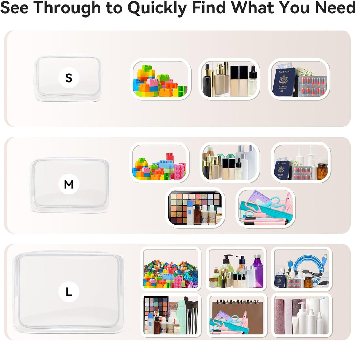 16 PCS Clear Makeup Bag, Travel Essentials Toiletry Bag, Transparent PVC Cosmetic Organizer Toy Storage Pouch for Women Men- WHITE,Medium