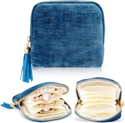 Travel Jewelry Case Small Soft Velvet Organizer Pouch Travel Gifts for Women Storage Bags Mini Jewelry Bag for Gemstones Bracelets Healing Crystal Earring Necklaces Small Pouch Gem Blue