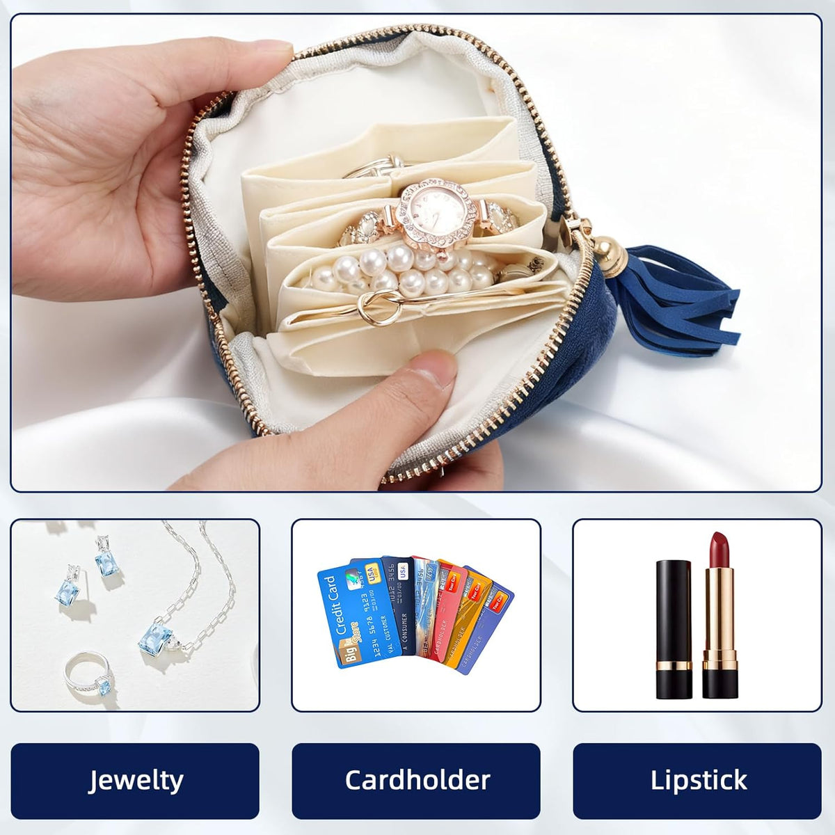 Travel Jewelry Case Small Soft Velvet Organizer Pouch Travel Gifts for Women Storage Bags Mini Jewelry Bag for Gemstones Bracelets Healing Crystal Earring Necklaces Small Pouch Gem Blue