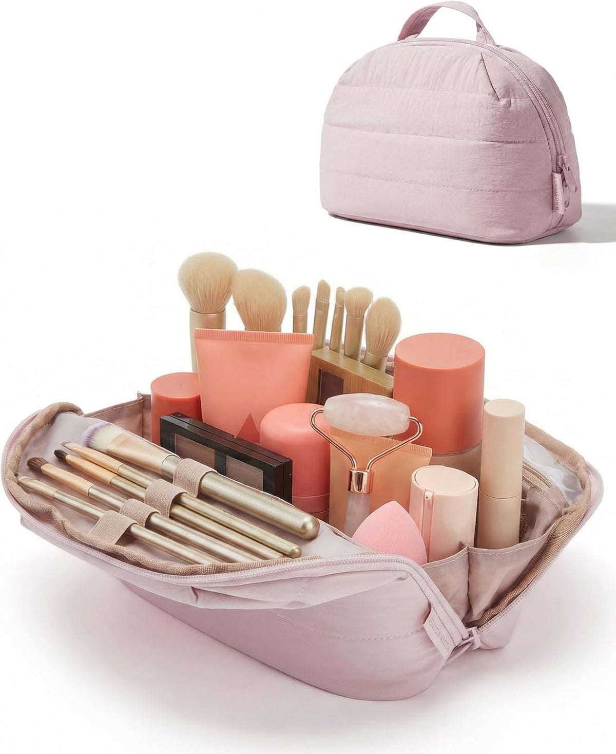 Travel Makeup Bag for Women, Portable Fold-down Cosmetic Case, Puffy Padded Make Up Organizer Pouch, Water-resistant Toiletry Bag for Toiletries, Brushes (Baby Pink)