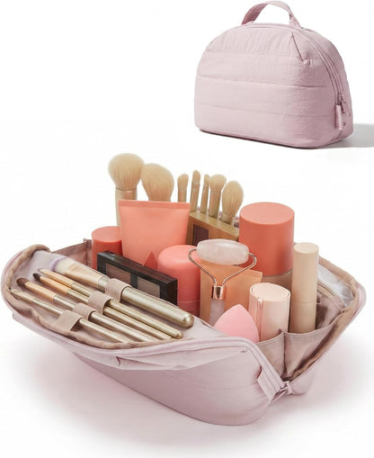 Travel Makeup Bag for Women, Portable Fold-down Cosmetic Case, Puffy Padded Make Up Organizer Pouch, Water-resistant Toiletry Bag for Toiletries, Brushes (Baby Pink)