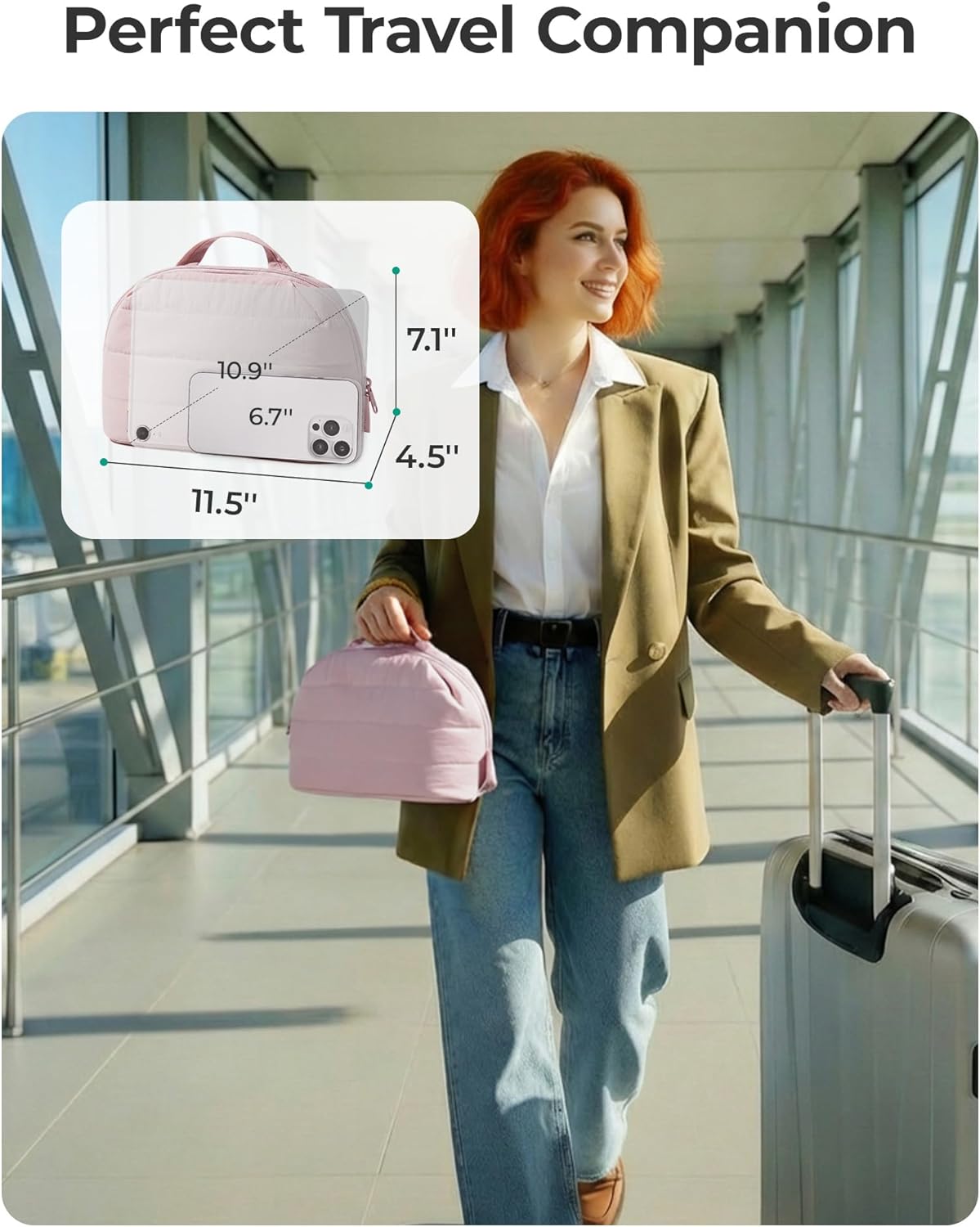 Travel Makeup Bag for Women, Portable Fold-down Cosmetic Case, Puffy Padded Make Up Organizer Pouch, Water-resistant Toiletry Bag for Toiletries, Brushes (Baby Pink)