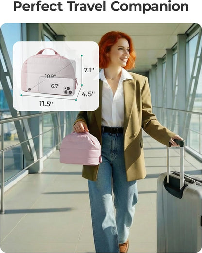 Travel Makeup Bag for Women, Portable Fold-down Cosmetic Case, Puffy Padded Make Up Organizer Pouch, Water-resistant Toiletry Bag for Toiletries, Brushes (Baby Pink)