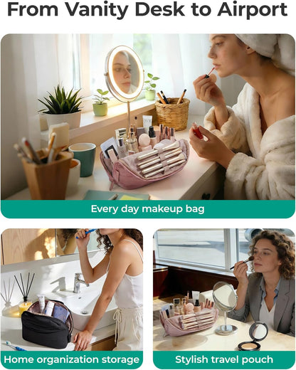 Travel Makeup Bag for Women, Portable Fold-down Cosmetic Case, Puffy Padded Make Up Organizer Pouch, Water-resistant Toiletry Bag for Toiletries, Brushes (Baby Pink)