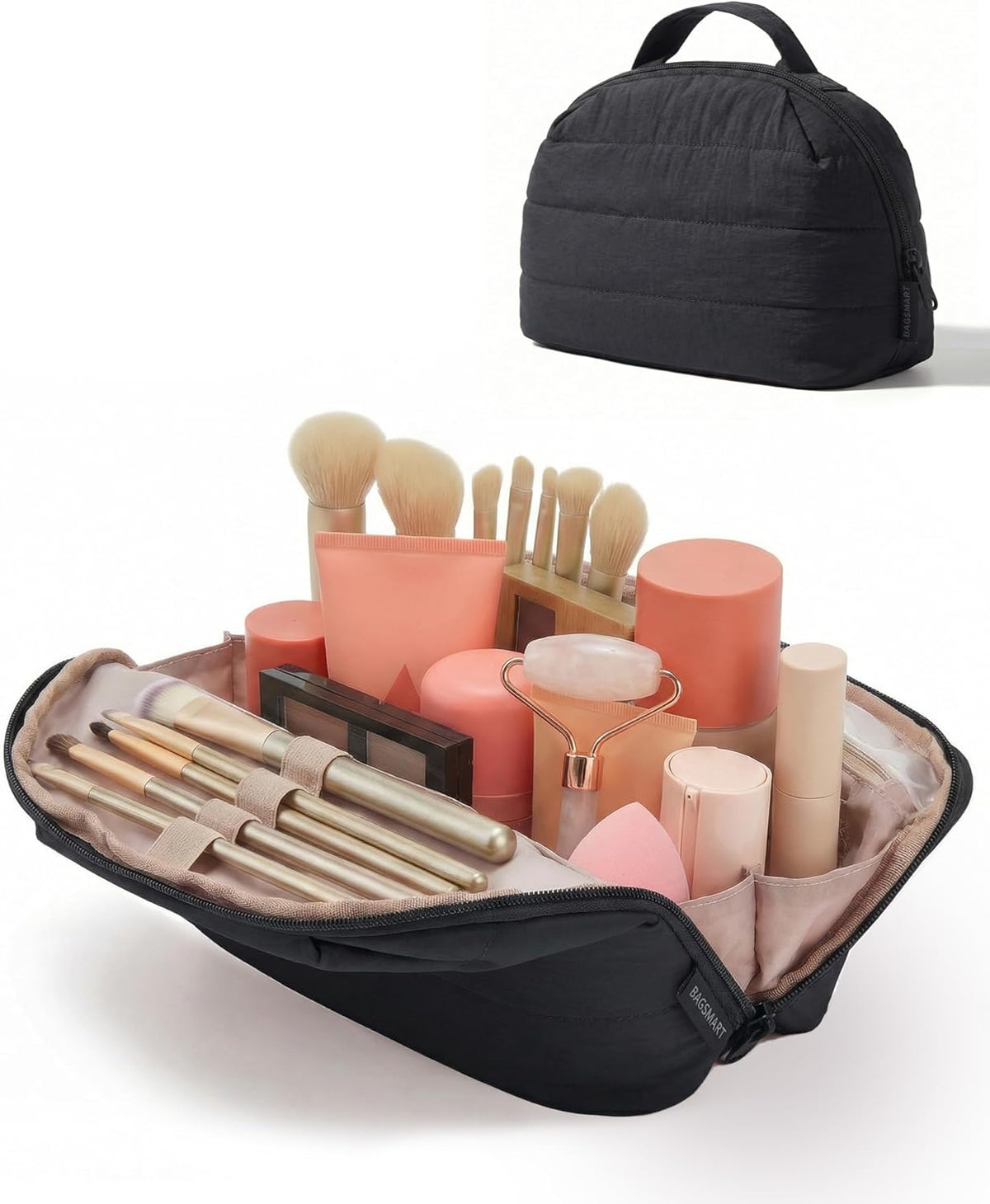 Travel Makeup Bag for Women, Portable Fold-down Cosmetic Case, Puffy Padded Make Up Organizer Pouch, Water-resistant Toiletry Bag for Toiletries, Brushes (Baby Pink)