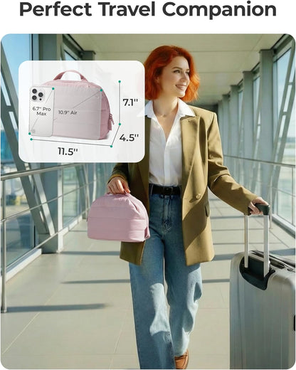 Travel Makeup Bag for Women, Portable Fold-down Cosmetic Case, Puffy Padded Make Up Organizer Pouch, Water-resistant Toiletry Bag for Toiletries, Brushes (Baby Pink)