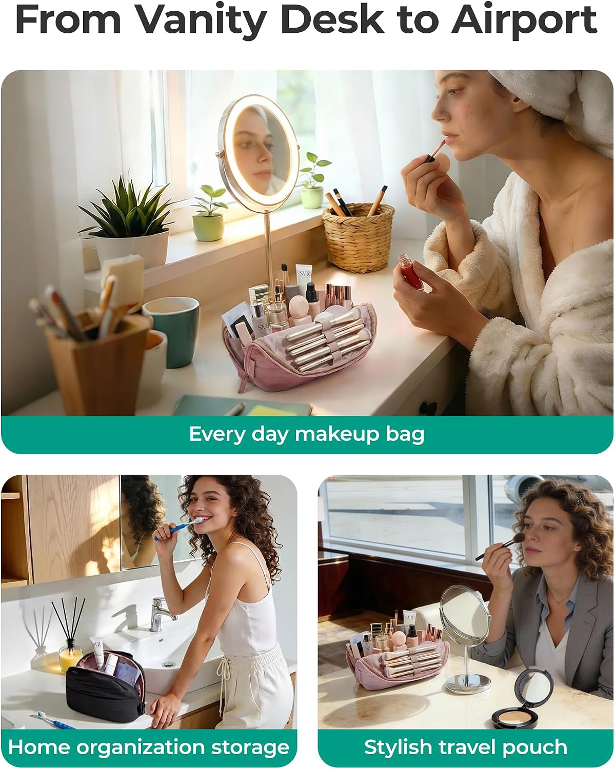 Travel Makeup Bag for Women, Portable Fold-down Cosmetic Case, Puffy Padded Make Up Organizer Pouch, Water-resistant Toiletry Bag for Toiletries, Brushes (Baby Pink)