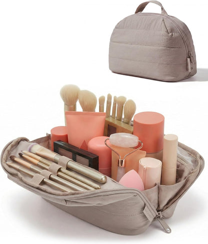 Travel Makeup Bag for Women, Portable Fold-down Cosmetic Case, Puffy Padded Make Up Organizer Pouch, Water-resistant Toiletry Bag for Toiletries, Brushes (Baby Pink)