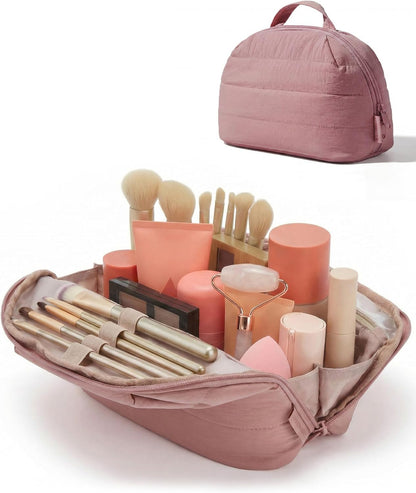 Travel Makeup Bag for Women, Portable Fold-down Cosmetic Case, Puffy Padded Make Up Organizer Pouch, Water-resistant Toiletry Bag for Toiletries, Brushes (Baby Pink)