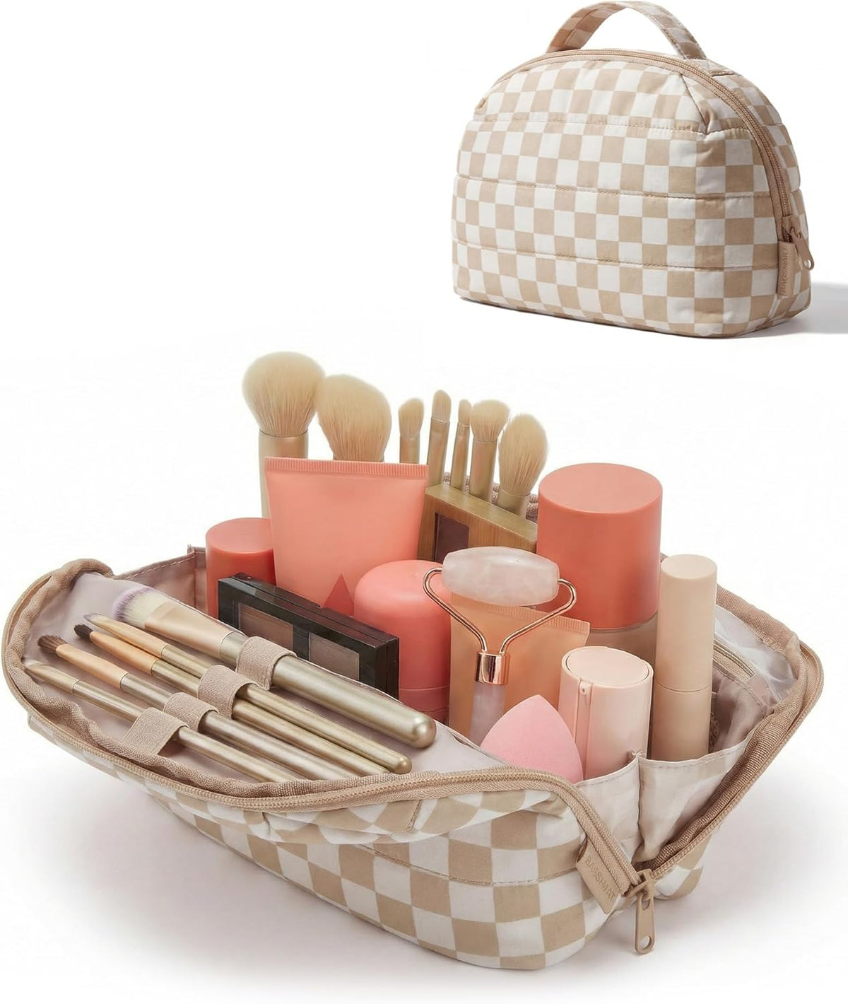 Travel Makeup Bag for Women, Portable Fold-down Cosmetic Case, Puffy Padded Make Up Organizer Pouch, Water-resistant Toiletry Bag for Toiletries, Brushes (Baby Pink)