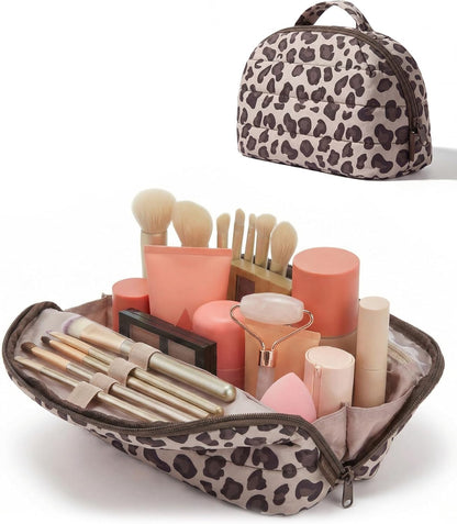 Travel Makeup Bag for Women, Portable Fold-down Cosmetic Case, Puffy Padded Make Up Organizer Pouch, Water-resistant Toiletry Bag for Toiletries, Brushes (Baby Pink)