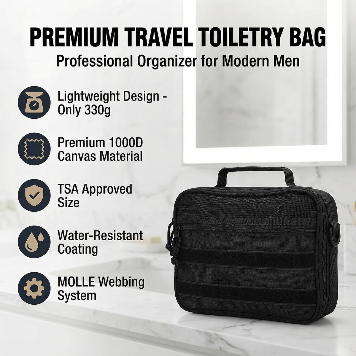 VELVEBAG ﻿Tactical Toiletry Bag for Men, Mens Toiletry Travel Bag, Hanging Dopp Kit Waterproof Travel Shaving Hygiene Bag, Bathroom Multi-pocket Organizer for Short Trips, Camping & Gym, Black