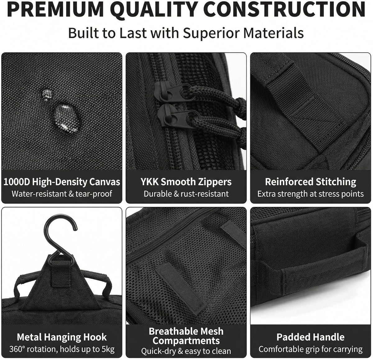 VELVEBAG ﻿Tactical Toiletry Bag for Men, Mens Toiletry Travel Bag, Hanging Dopp Kit Waterproof Travel Shaving Hygiene Bag, Bathroom Multi-pocket Organizer for Short Trips, Camping & Gym, Black