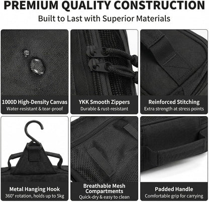 VELVEBAG ﻿Tactical Toiletry Bag for Men, Mens Toiletry Travel Bag, Hanging Dopp Kit Waterproof Travel Shaving Hygiene Bag, Bathroom Multi-pocket Organizer for Short Trips, Camping & Gym, Black
