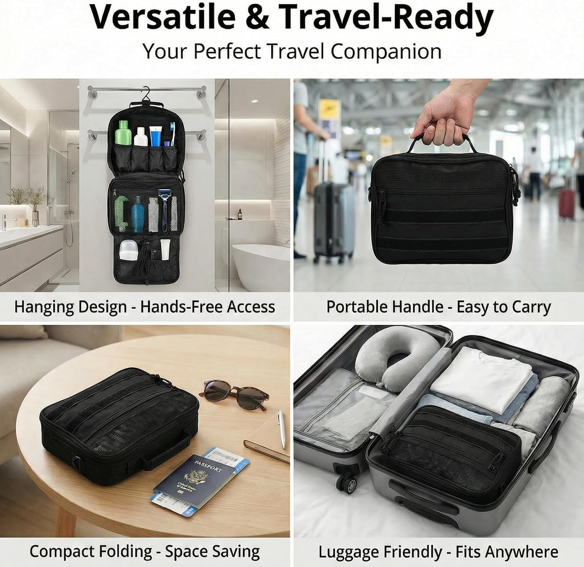 VELVEBAG ﻿Tactical Toiletry Bag for Men, Mens Toiletry Travel Bag, Hanging Dopp Kit Waterproof Travel Shaving Hygiene Bag, Bathroom Multi-pocket Organizer for Short Trips, Camping & Gym, Black