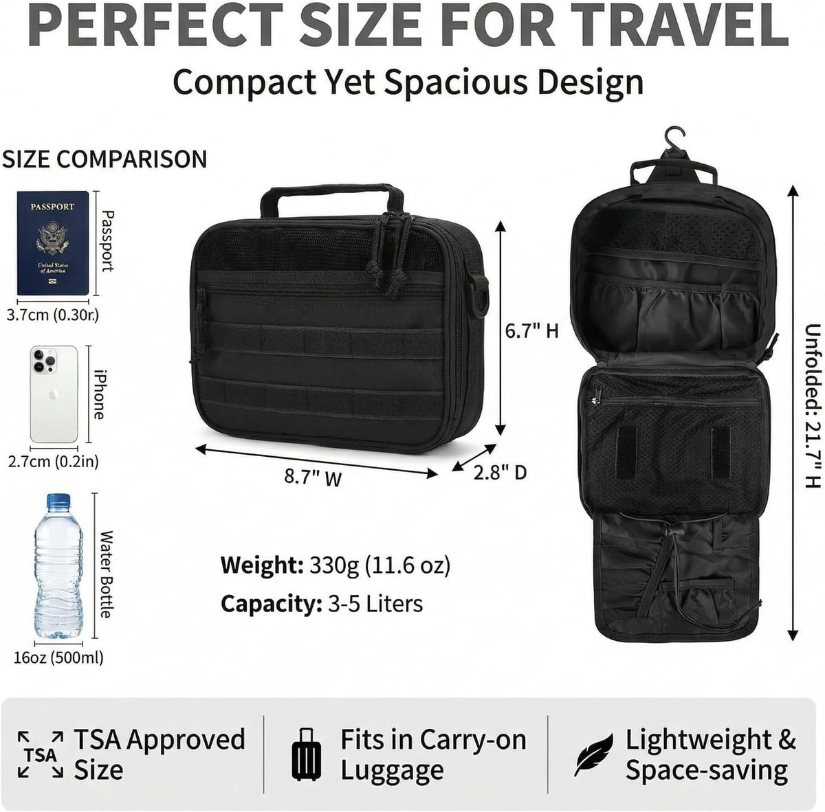 VELVEBAG ﻿Tactical Toiletry Bag for Men, Mens Toiletry Travel Bag, Hanging Dopp Kit Waterproof Travel Shaving Hygiene Bag, Bathroom Multi-pocket Organizer for Short Trips, Camping & Gym, Black