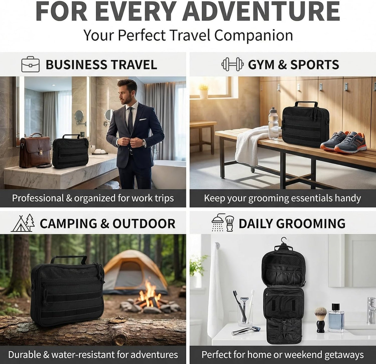 VELVEBAG ﻿Tactical Toiletry Bag for Men, Mens Toiletry Travel Bag, Hanging Dopp Kit Waterproof Travel Shaving Hygiene Bag, Bathroom Multi-pocket Organizer for Short Trips, Camping & Gym, Black