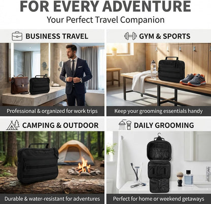 VELVEBAG ﻿Tactical Toiletry Bag for Men, Mens Toiletry Travel Bag, Hanging Dopp Kit Waterproof Travel Shaving Hygiene Bag, Bathroom Multi-pocket Organizer for Short Trips, Camping & Gym, Black