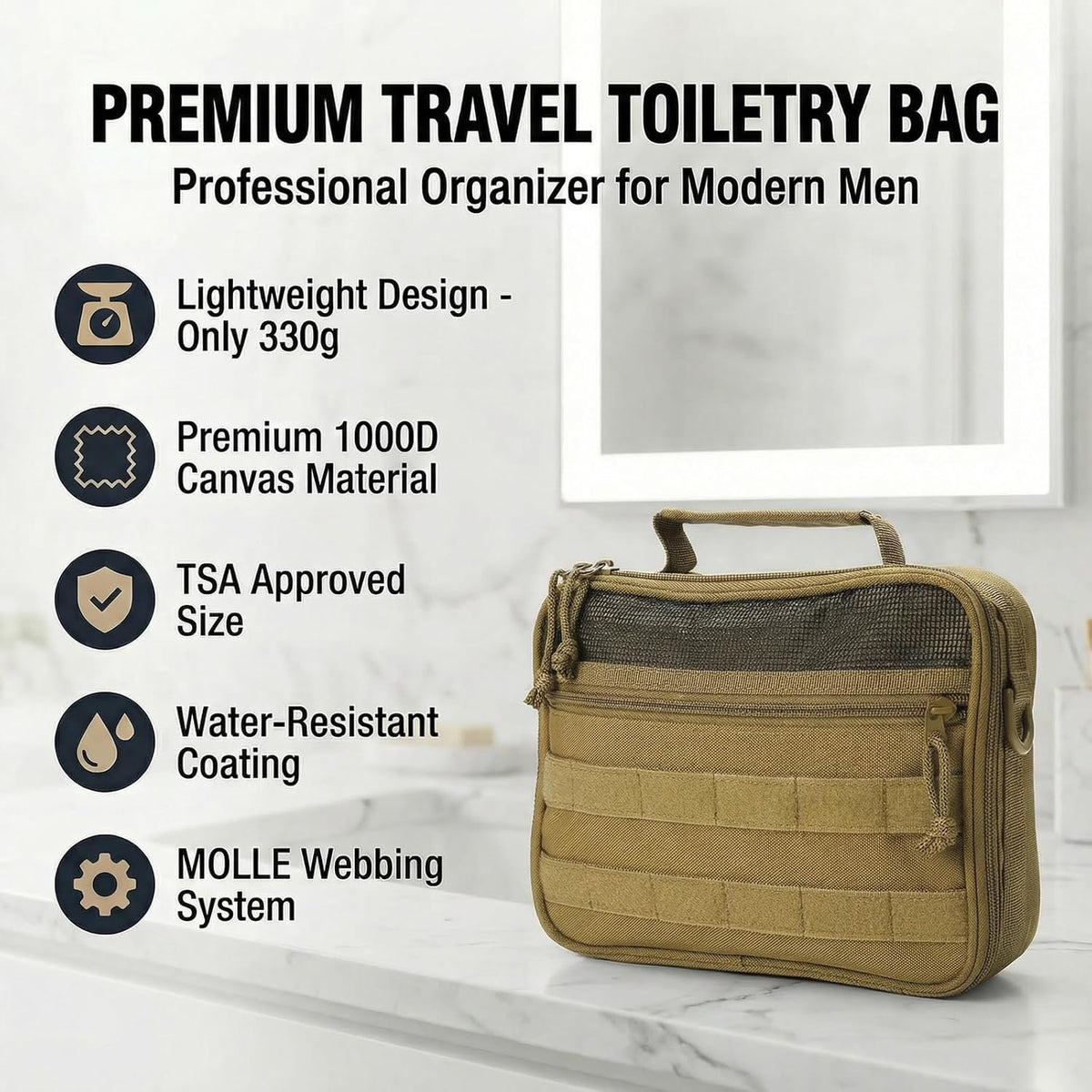 VELVEBAG ﻿Tactical Toiletry Bag for Men, Mens Toiletry Travel Bag, Hanging Dopp Kit Waterproof Travel Shaving Hygiene Bag, Bathroom Multi-pocket Organizer for Short Trips, Camping & Gym, Black