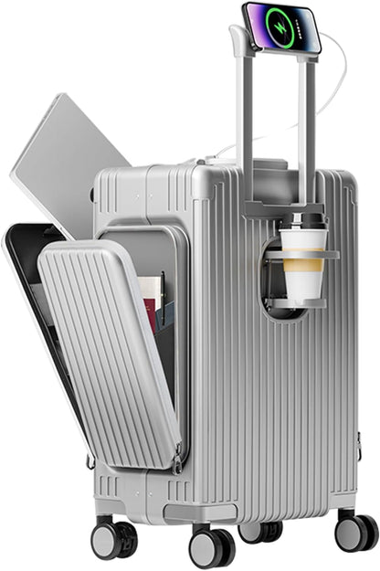 20in Aluminum Frame PC Carry On Luggage Tri-Zone Access Hard Shell Brake Wheels Suitcase with Cup Holder, Phone Holder, TSA Approved Lock (Silver, 20")