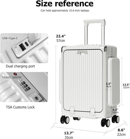20in Aluminum Frame PC Carry On Luggage Tri-Zone Access Hard Shell Brake Wheels Suitcase with Cup Holder, Phone Holder, TSA Approved Lock (Silver, 20")