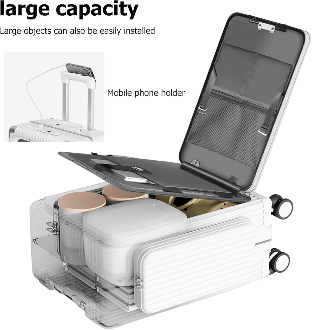 20in Aluminum Frame PC Carry On Luggage Tri-Zone Access Hard Shell Brake Wheels Suitcase with Cup Holder, Phone Holder, TSA Approved Lock (Silver, 20")
