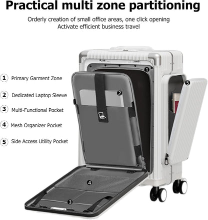 20in Aluminum Frame PC Carry On Luggage Tri-Zone Access Hard Shell Brake Wheels Suitcase with Cup Holder, Phone Holder, TSA Approved Lock (Silver, 20")