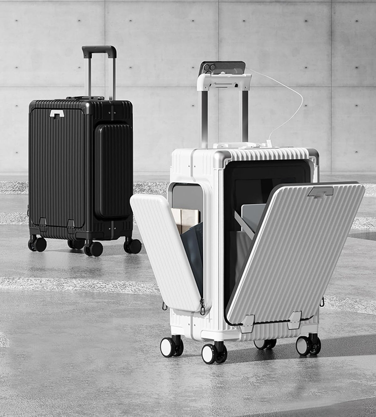 20in Aluminum Frame PC Carry On Luggage Tri-Zone Access Hard Shell Brake Wheels Suitcase with Cup Holder, Phone Holder, TSA Approved Lock (Silver, 20")