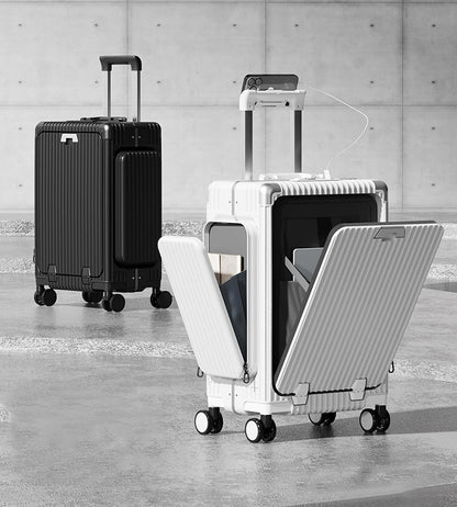 20in Aluminum Frame PC Carry On Luggage Tri-Zone Access Hard Shell Brake Wheels Suitcase with Cup Holder, Phone Holder, TSA Approved Lock (Silver, 20")