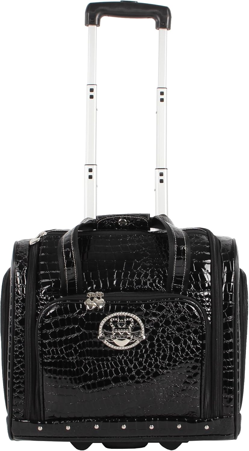 Croco PVC Designer Underseat Luggage - 15 Inch Carry On Suitcase for Women- Lightweight Under Seat Bag with 2-Rolling Spinner Wheels (Burgundy)