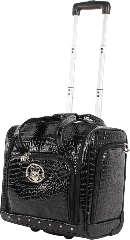 Croco PVC Designer Underseat Luggage - 15 Inch Carry On Suitcase for Women- Lightweight Under Seat Bag with 2-Rolling Spinner Wheels (Burgundy)