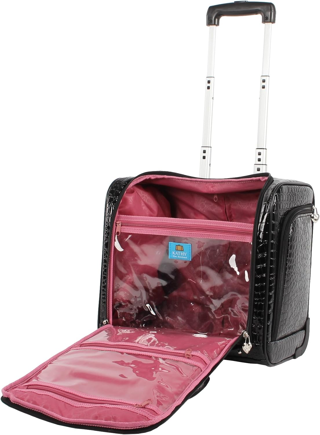 Croco PVC Designer Underseat Luggage - 15 Inch Carry On Suitcase for Women- Lightweight Under Seat Bag with 2-Rolling Spinner Wheels (Burgundy)