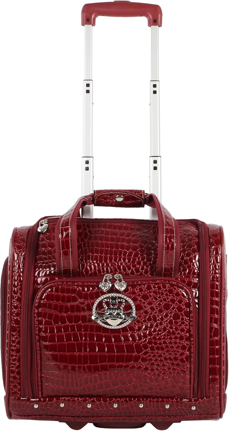 Croco PVC Designer Underseat Luggage - 15 Inch Carry On Suitcase for Women- Lightweight Under Seat Bag with 2-Rolling Spinner Wheels (Burgundy)