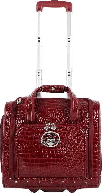 Croco PVC Designer Underseat Luggage - 15 Inch Carry On Suitcase for Women- Lightweight Under Seat Bag with 2-Rolling Spinner Wheels (Burgundy)