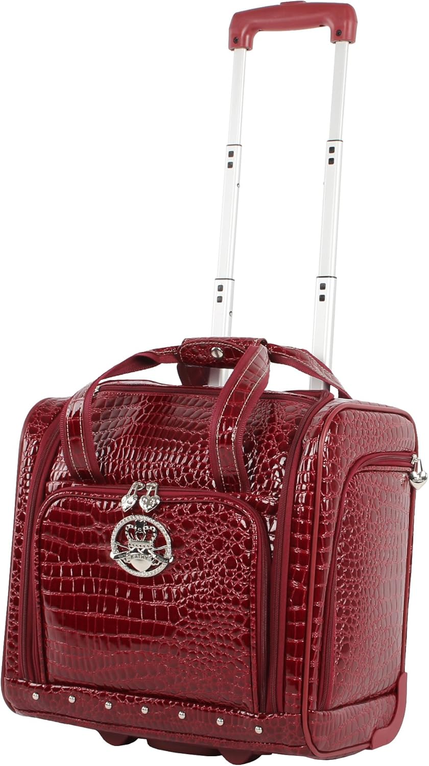 Croco PVC Designer Underseat Luggage - 15 Inch Carry On Suitcase for Women- Lightweight Under Seat Bag with 2-Rolling Spinner Wheels (Burgundy)