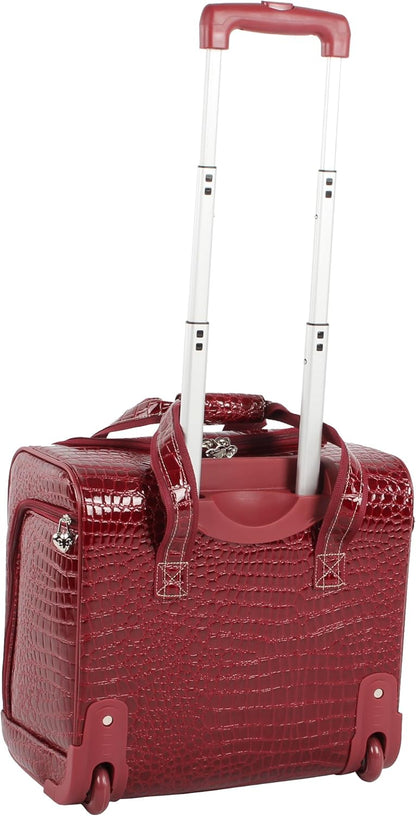 Croco PVC Designer Underseat Luggage - 15 Inch Carry On Suitcase for Women- Lightweight Under Seat Bag with 2-Rolling Spinner Wheels (Burgundy)