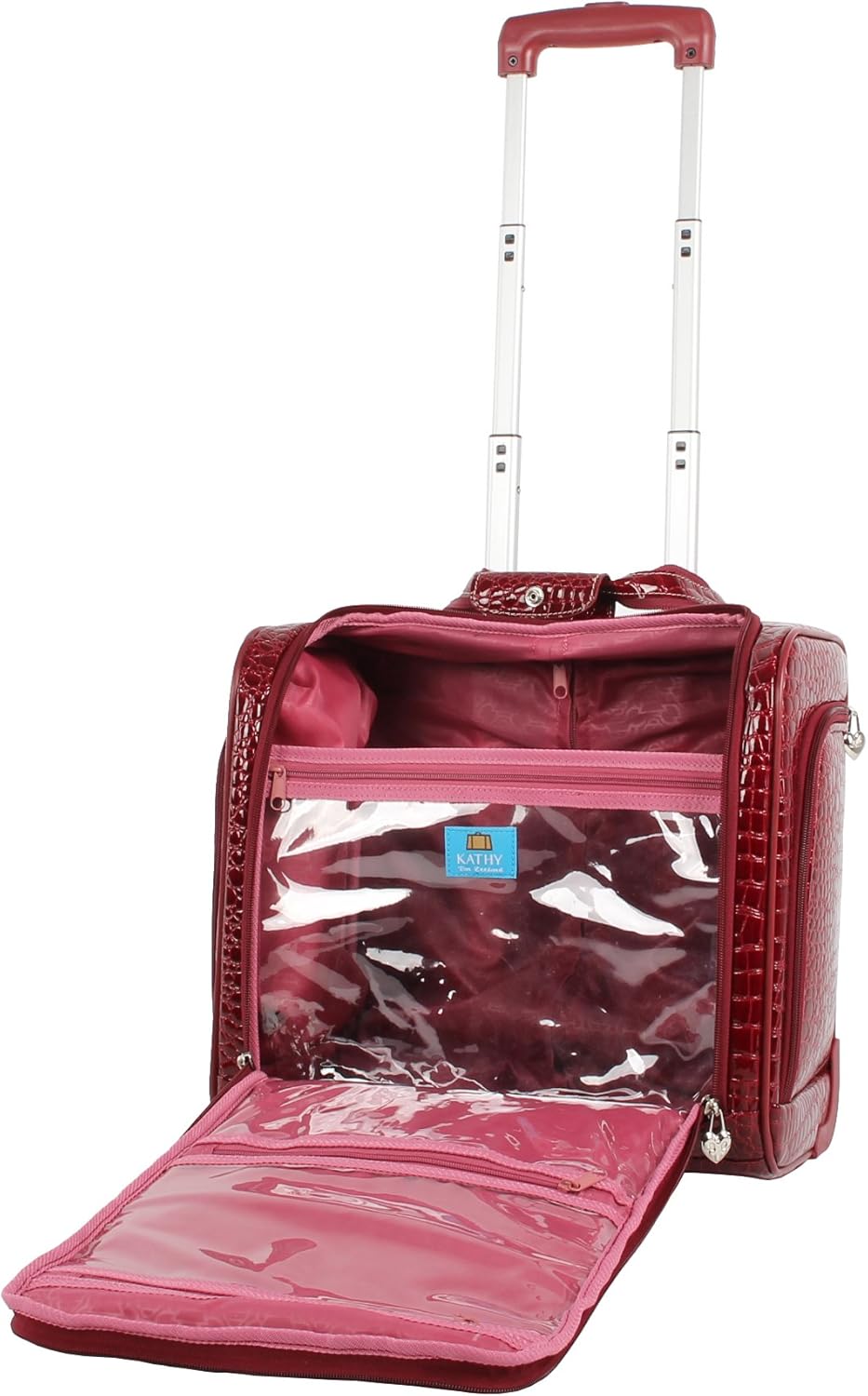 Croco PVC Designer Underseat Luggage - 15 Inch Carry On Suitcase for Women- Lightweight Under Seat Bag with 2-Rolling Spinner Wheels (Burgundy)