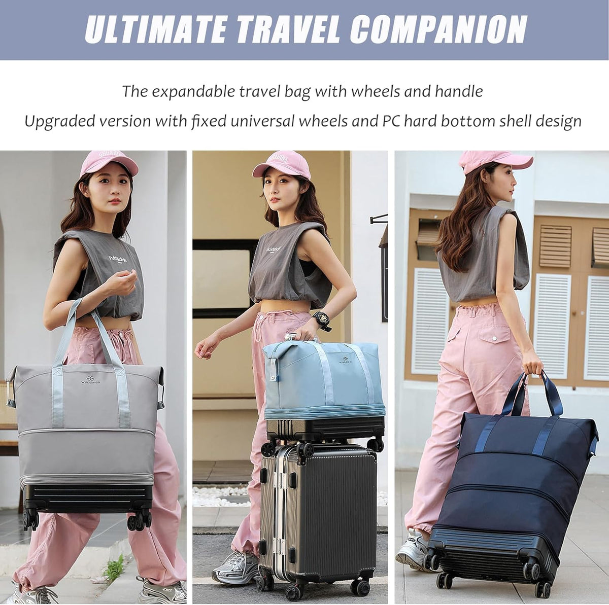 Duffle Bag with Wheels,Foldable Duffle Bag for Travel,Large Suitcases with Wheels,Foldable Travel Bags,Expandable Luggage,Carry on Luggage for Women Men (Pink)